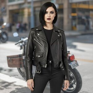 GENUINE LEATHER Women's Small Black Biker Jacket NWOT Cropped Moto Zip Out Liner